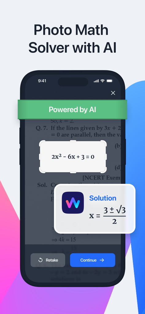 Whiz: Homework, Math AI Helper - Smartphone app interface solving a math equation using AI photo scanning