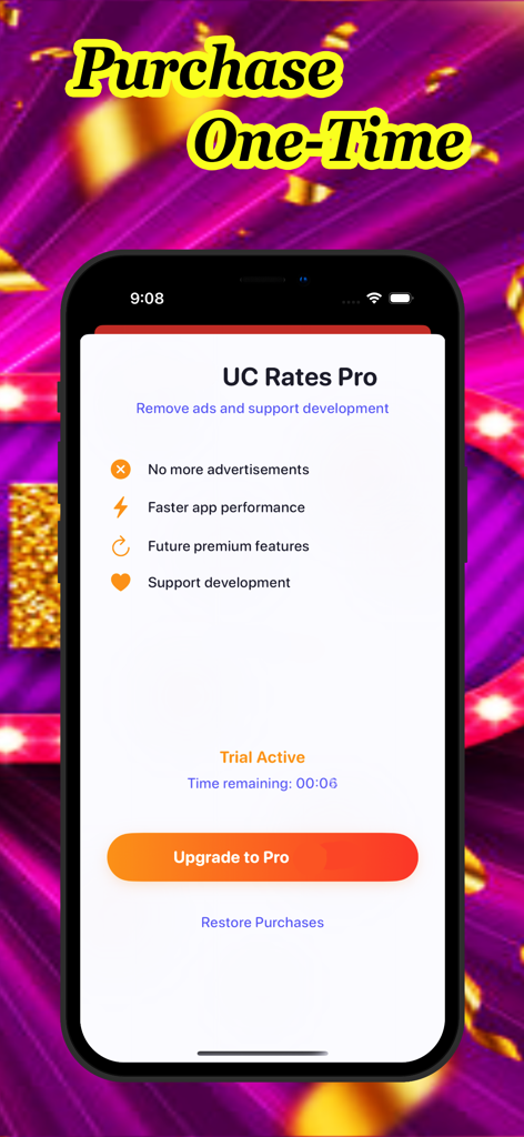 UC Calculator for PUBG - A screen showing the UC Rates Pro upgrade benefits including no ads and faster performance for the PUBG UC calculator app.