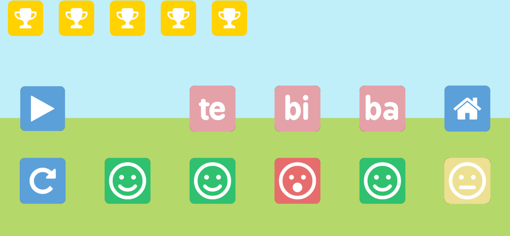Impariamo le sillabe - Interface of the Impariamo le sillabe app showing Italian syllables and trophy rewards with emoji feedback.