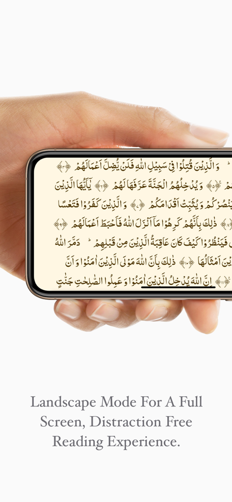 Kanzul Imaan - Hand holding a smartphone in landscape mode displaying Arabic Quranic text for a distraction-free reading experience
