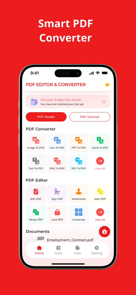 PDF Converter : Scan & Editor - Main dashboard of the PDF Converter and Editor app showing conversion and editing tools