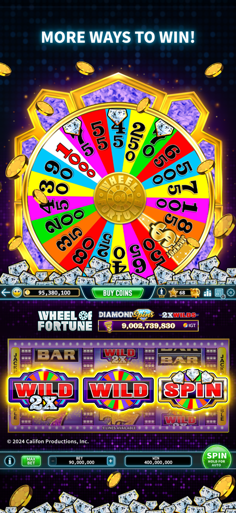 FoxPlay Casino : Slots Games - FoxPlay Casino app featuring a Wheel of Fortune themed slot machine and bonus wheel with jackpot prizes