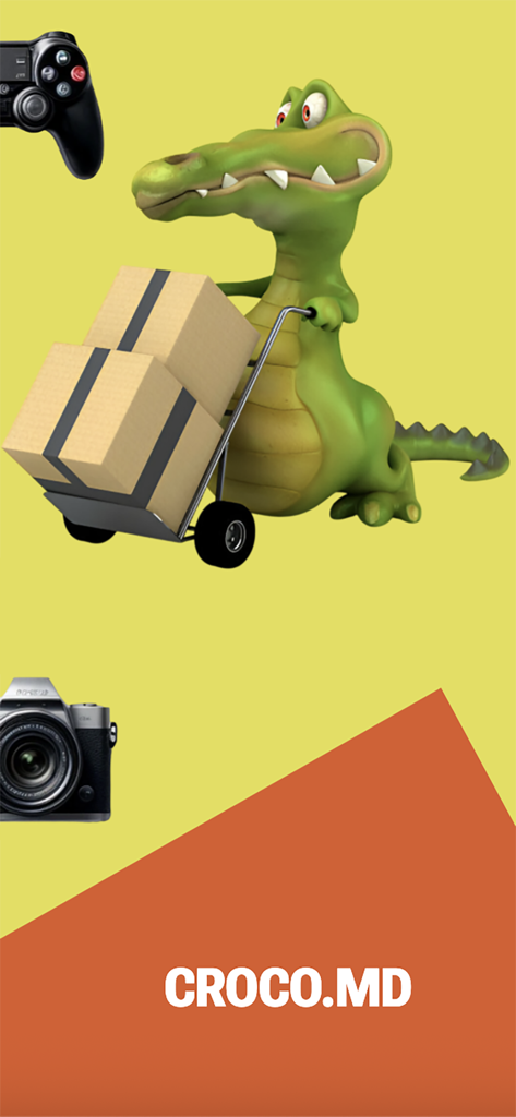CROCO.md - Mascota cocodrilo de dibujos animados empujando un carrito con cajas de cartón para la aplicación de compras y ofertas CROCO.md