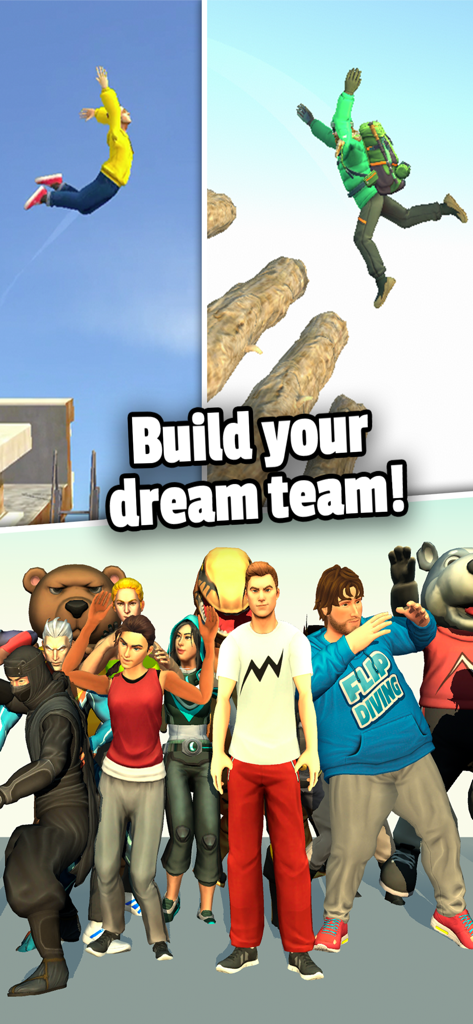 Flip Runner - A group of diverse parkour characters in the Flip Runner mobile game with the text Build your dream team