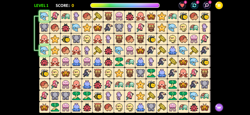 Onet Connect Animal - Classic - Une capture d'écran du jeu Onet Connect Animal Classic montrant une paire de puces dauphin correspondantes sur un plateau rempli d'icônes d'animaux mignons.