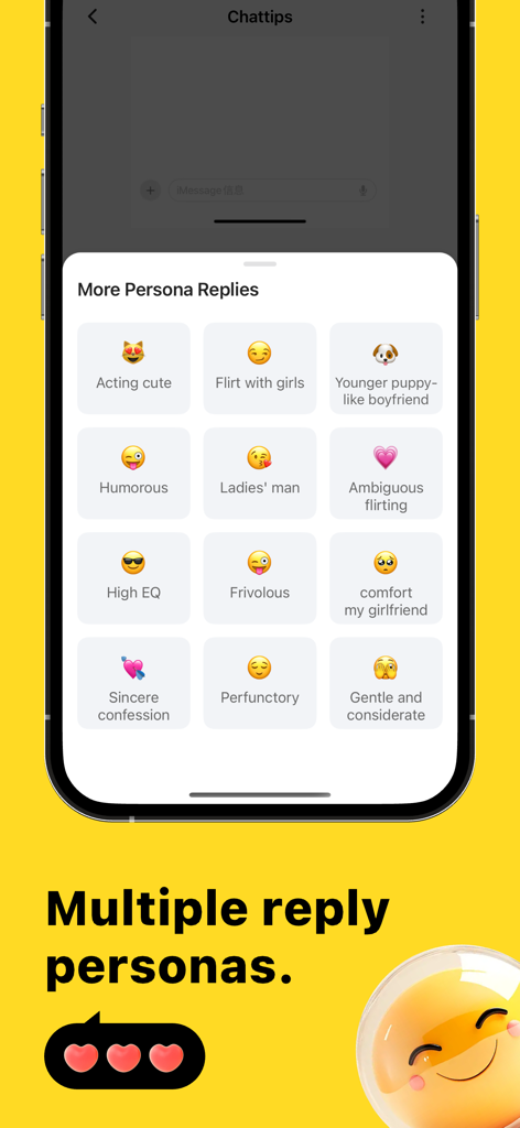 ChatTips - AI Dating Assistant - Una interfaz móvil para la aplicación ChatTips que muestra varias opciones de personalidad de IA para generar respuestas de aplicaciones de citas, como estilos humorísticos y coquetos.