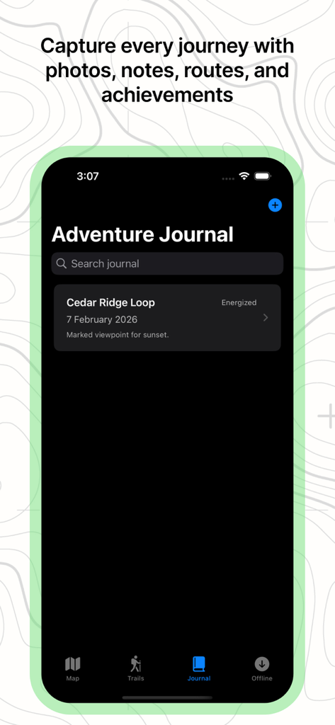 Offline RouteMap 3D - Une capture d'écran de l'écran Journal d'aventures de l'application Offline RouteMap 3D montrant un voyage de randonnée enregistré vers Cedar Ridge Loop avec la date et les détails de l'humeur