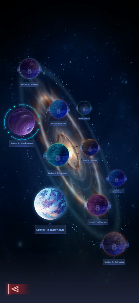 Space Outpost: Drone War - Un mapa de campaña galáctico que muestra diferentes sectores y planetas para desbloquear en Space Outpost.