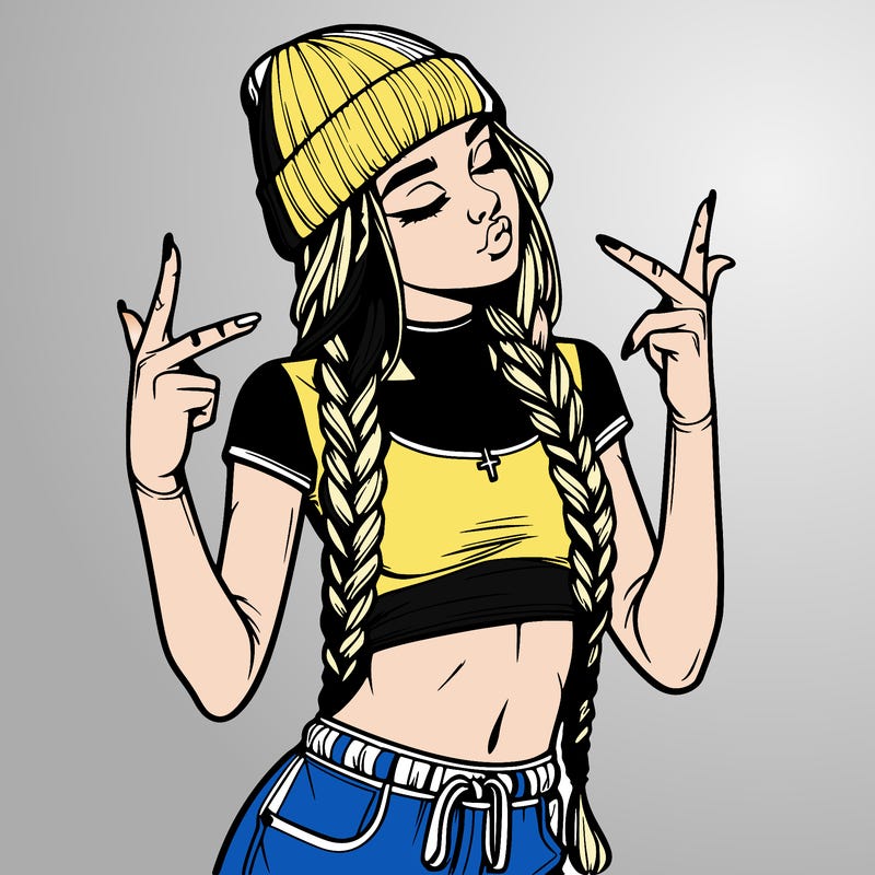 realistic teenage girl with braids and a beanie and crop top doing 🫶🏼