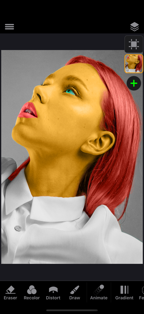 A portrait of a woman with yellow skin and red hair being edited using the selective recoloring tool in the ReColor app interface