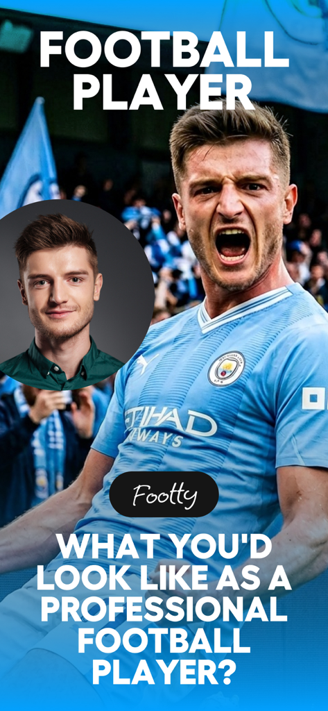 Football Player Filter: Footty - AI transformation of a man into a professional football player in a Manchester City jersey using the Footty app