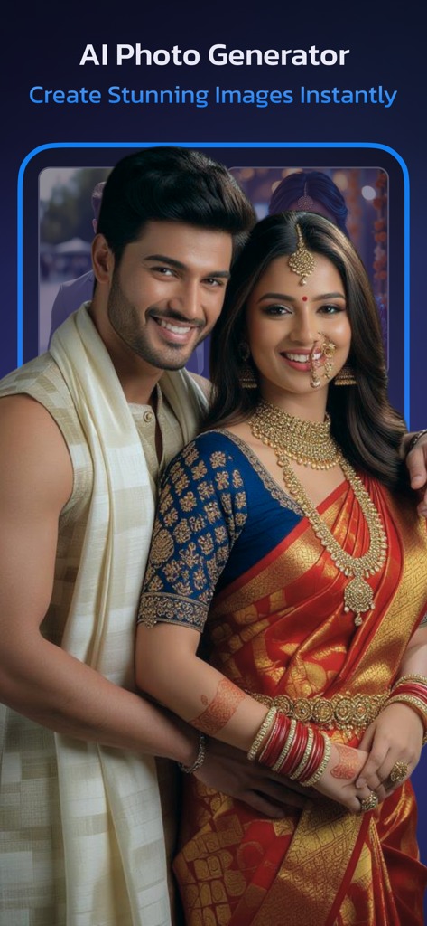 AI generated portrait of a smiling couple in traditional Indian clothing used as a sample in the Prompt App AI Photo Maker