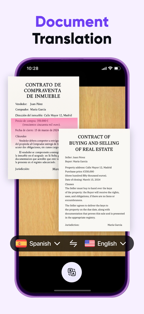 AI Translator: Voice & Photos - App interface showing a Spanish real estate contract translated to English