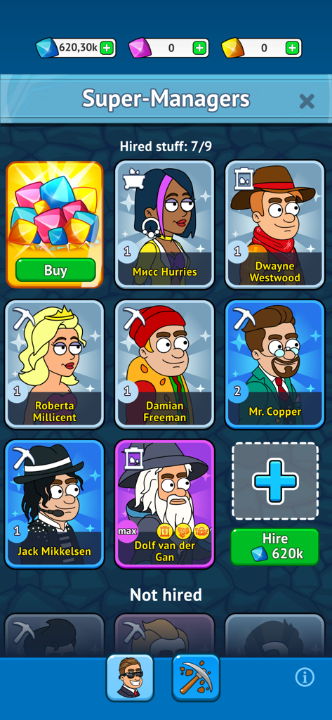 Mining Empire: Get Idle Gold - Pantalla de selección de Super Gerentes en el juego inactivo de Mining Empire
