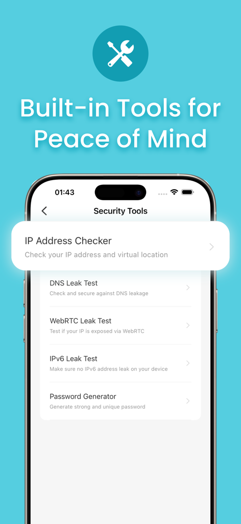 Interface of X-VPN showing security tools like IP Address Checker and DNS Leak Test