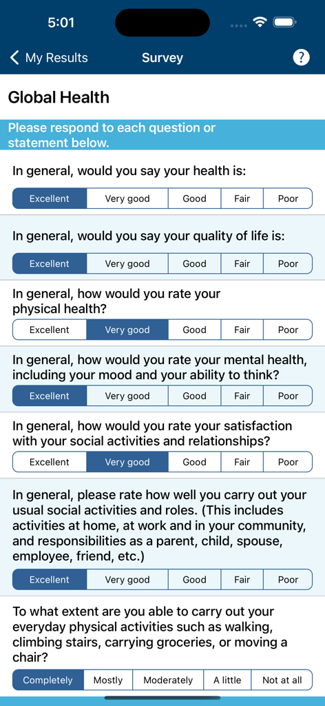 RA Manager app screen showing a global health survey for tracking physical and mental health status.