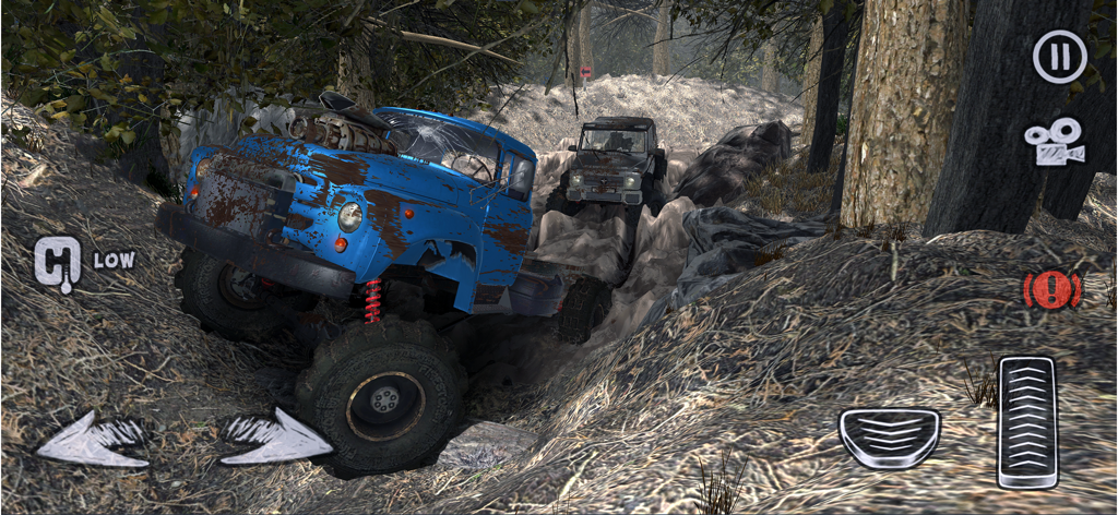4x4 Next Gen Offroad - A blue 4x4 truck navigating a muddy forest trail with on-screen driving controls.