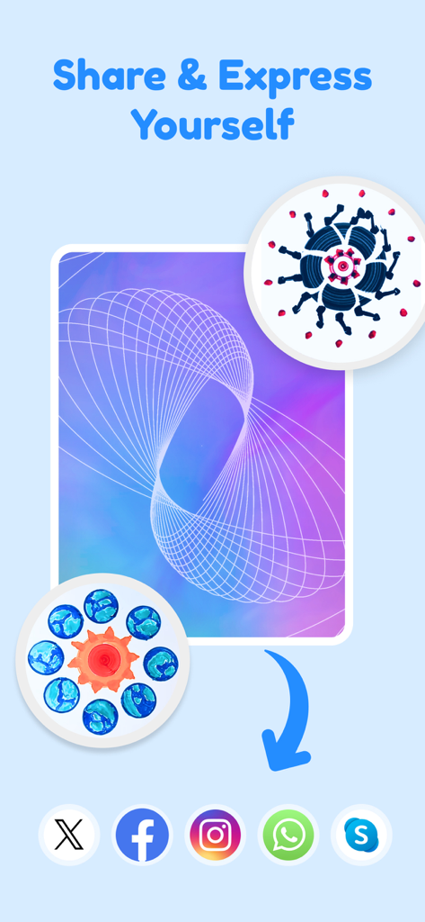 Spiral Art: Relax & Create - Pantalla de compartir arte en espiral con patrones geométricos coloridos e íconos de exportación de redes sociales.