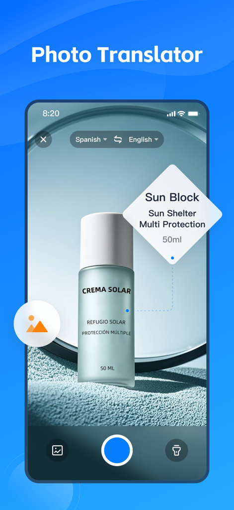 AI Translate Go - Translation - Smartphone screen showing AI Translate Go app translating a Spanish sun block bottle to English using photo translation feature.