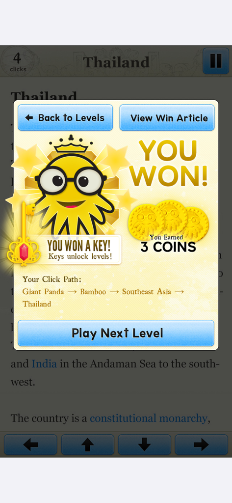 Victory screen for The Wiki Game showing a four-click path from Giant Panda to Thailand with three coins and a key earned.