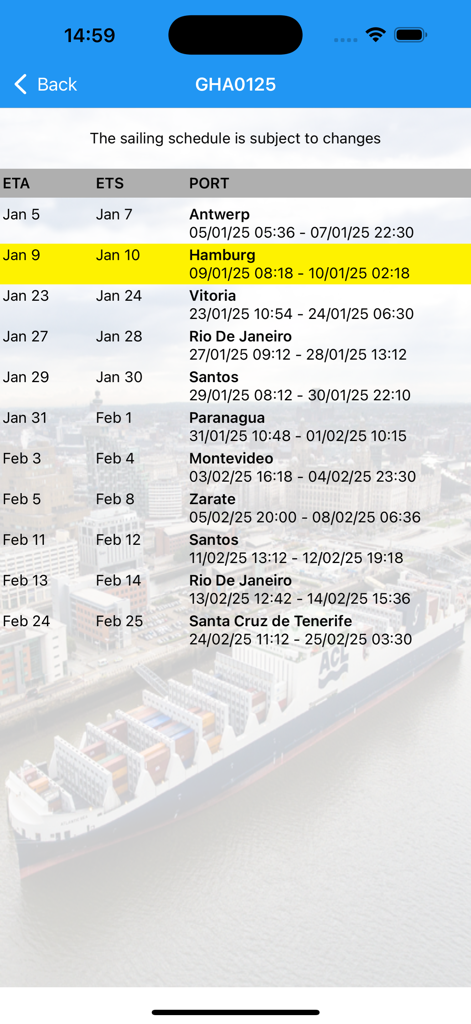 Grimaldi Cargo Mobile - Sailing schedule screen in the Grimaldi Cargo Mobile app showing port arrival and departure times