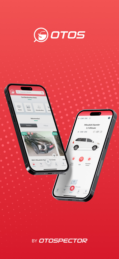 OTOS - Garansi & Bursa Mobil - Two mobile phones displaying the OTOS app interface with car listings and virtual garage features on a red background