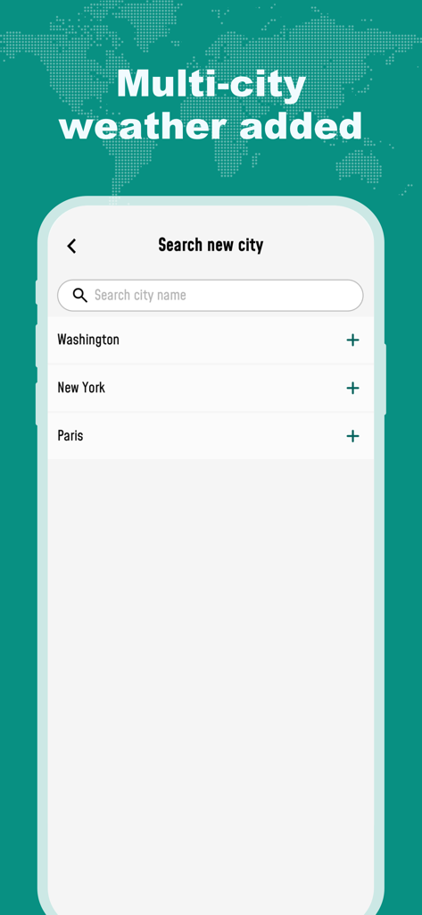 Schermata dell'app Hi Weather che mostra l'interfaccia di ricerca per aggiungere più città globali come Washington e New York.