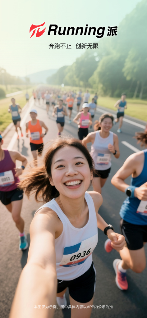 Running派 - A smiling young woman takes a selfie while running in a marathon race with the Running Pai logo above her