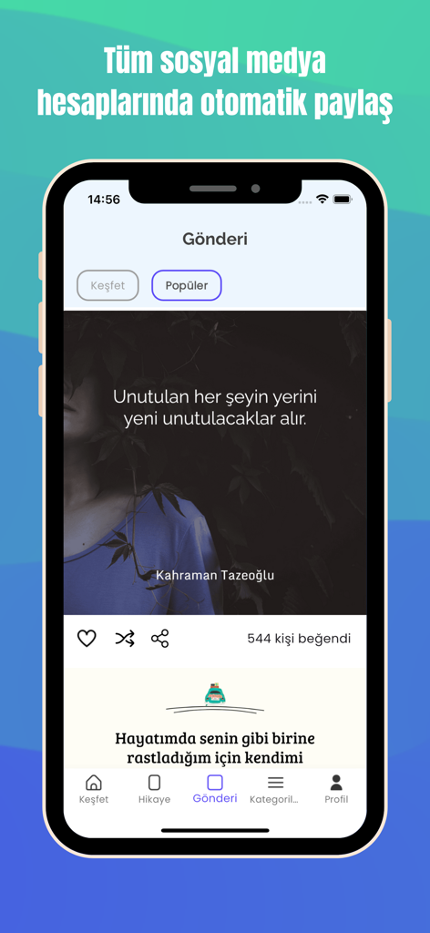 Aşk ve Sevgi Sözleri - Pantalla de smartphone mostrando la interfaz de una aplicación de citas turcas con una función para compartir en redes sociales.