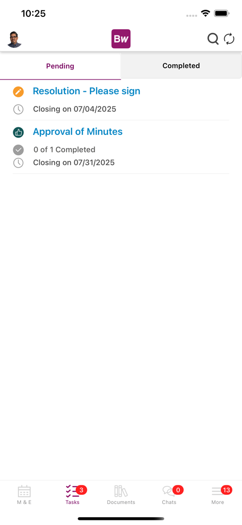 Computershare BoardWorks - List of pending board member tasks in the BoardWorks app including signing resolutions and approving minutes