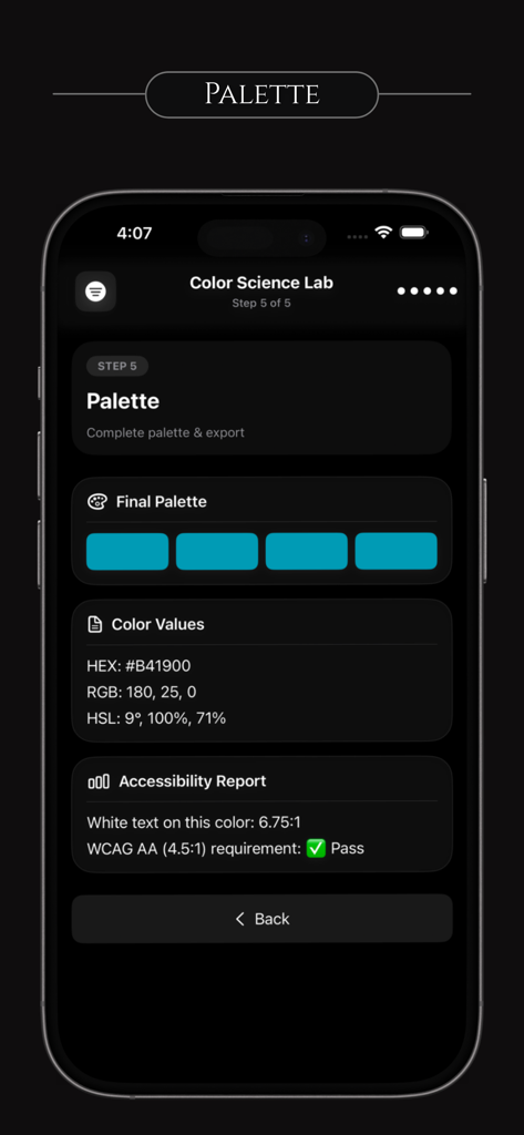 Glassify Pro Widgets and Theme - Tela do Laboratório de Ciência de Cores do aplicativo Glassify Pro mostrando valores de paleta de cores e um relatório de acessibilidade WCAG.
