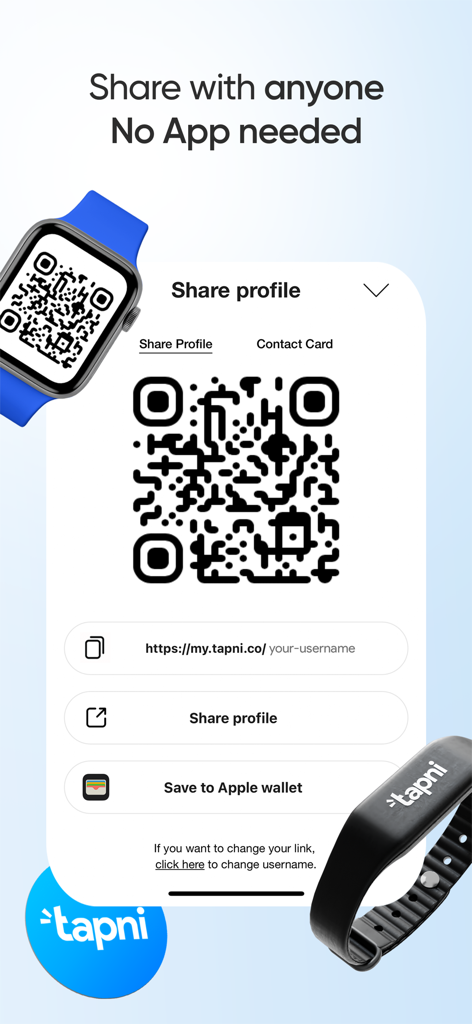 Tapni - Digital Business Card - La aplicación Tapni mostrando códigos QR de tarjetas de presentación digitales en un iPhone y Apple Watch