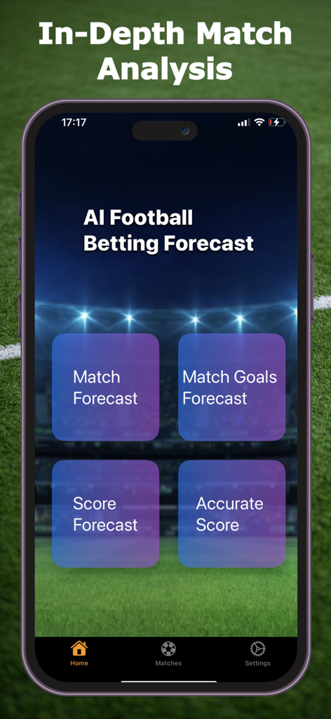 AI Football Betting Forecast - AI Football Betting Forecastアプリのホーム画面に、詳細な試合とスコア分析オプションが表示されています
