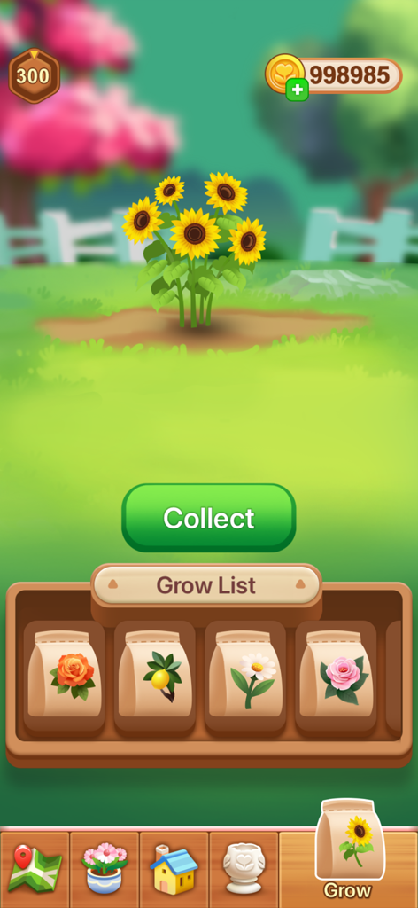 Cozy Garden - Plant Paradise - Interfaz del juego que muestra un girasol floreciente con un botón de recolección y una lista de paquetes de semillas de plantas.