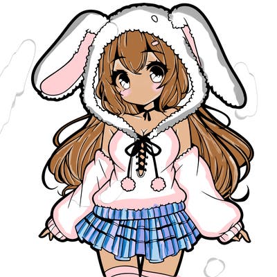 pretty anime girl wearing a fluffy hoodie with bunny ears on the hood and a skirt