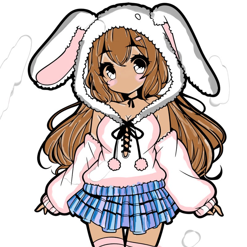 pretty anime girl wearing a fluffy hoodie with bunny ears on the hood and a skirt