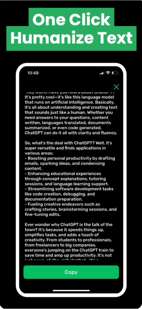 Humanize ai detector bypassgpt - Écran de l'application mobile montrant une fonctionnalité d'humanisation de texte en un clic