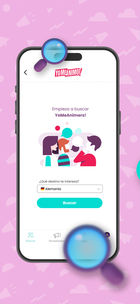 YoMeAnimo! - YoMeAnimo app search screen for finding travel companions by destination including Germany