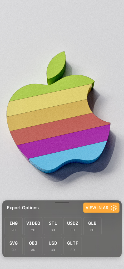 Modello di logo Apple arcobaleno 3D visualizzato in Valence 3D con varie opzioni di esportazione e un pulsante Visualizza in AR