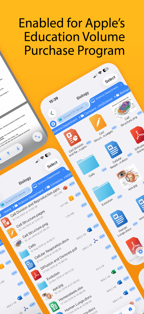 FileBrowser for Education app interface showing file management features and Apple Education Volume Purchase Program compatibility