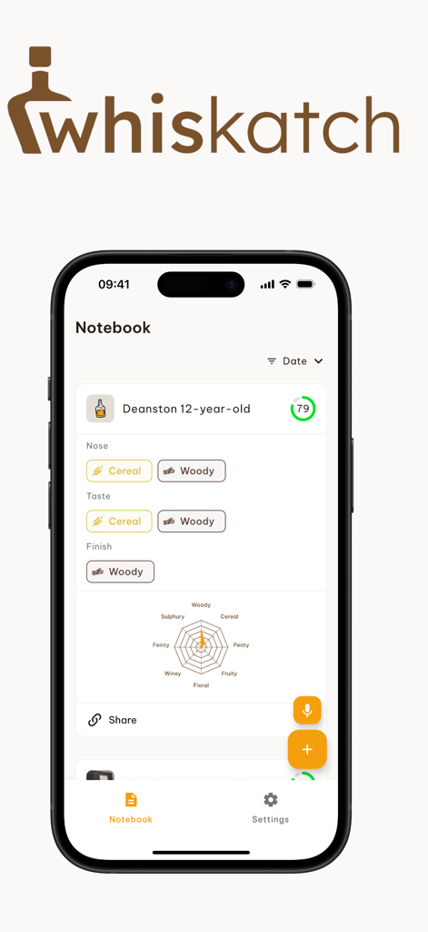 Whiskatch: Whisky Journal - Whiskatch mobile app interface showing a whisky tasting entry with flavor notes and a radar chart.