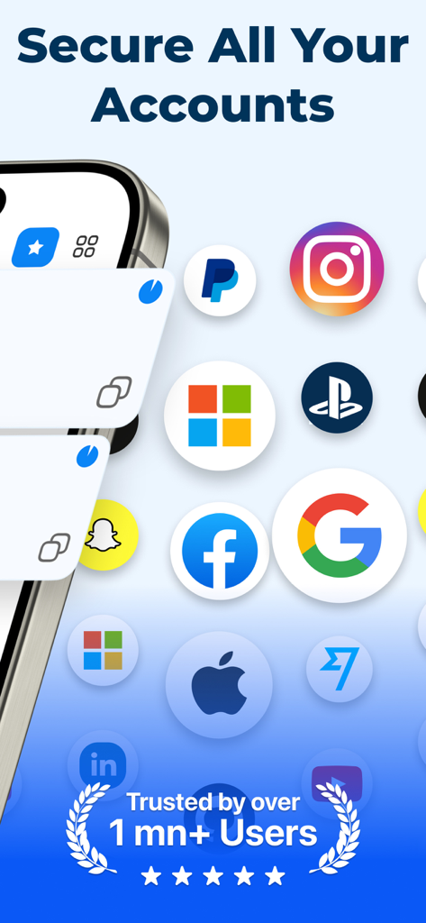 Tela promocional do app autenticador mostrando ícones de plataformas suportadas como Google e Facebook com um selo de confiança de mais de um milhão de usuários