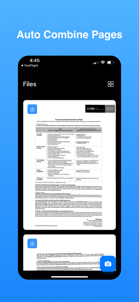 PDF Scanner - Easy Scan PDF - Oberfläche, die die Funktion zum automatischen Zusammenführen von Seiten in der PDF Scanner App zeigt.