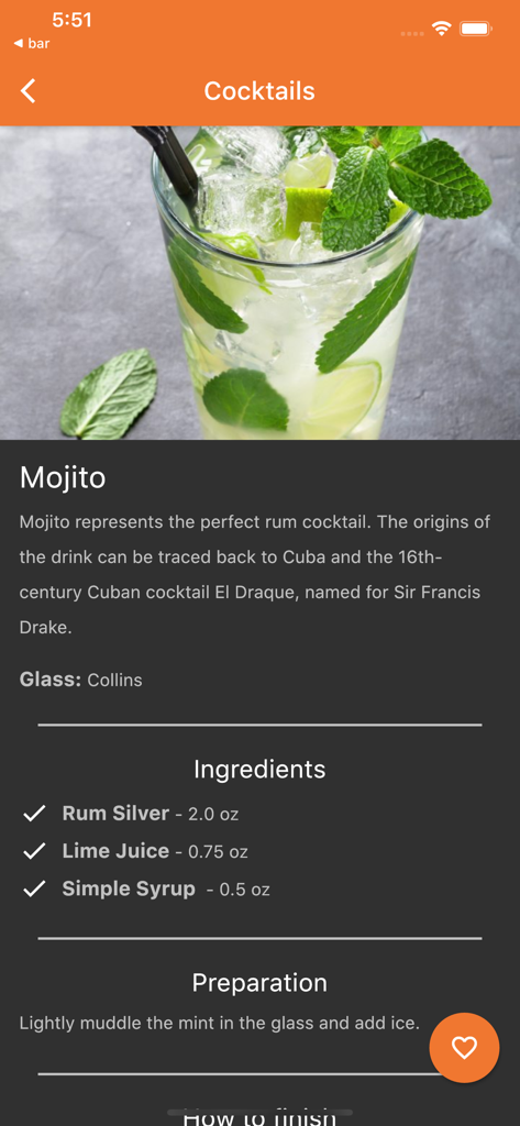 MyBar.io - Mojito recipe interface in MyBar app with ingredients list and preparation instructions.