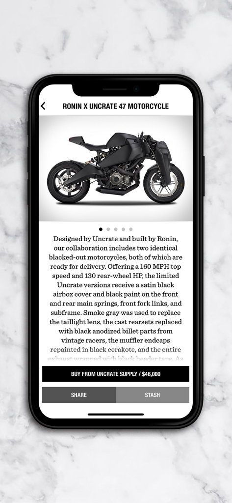 Screenshot of the Uncrate app featuring a limited edition Ronin X Uncrate 47 motorcycle