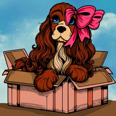 a spaniel american cocker with a beautiful bow coming out if a box realistic cute