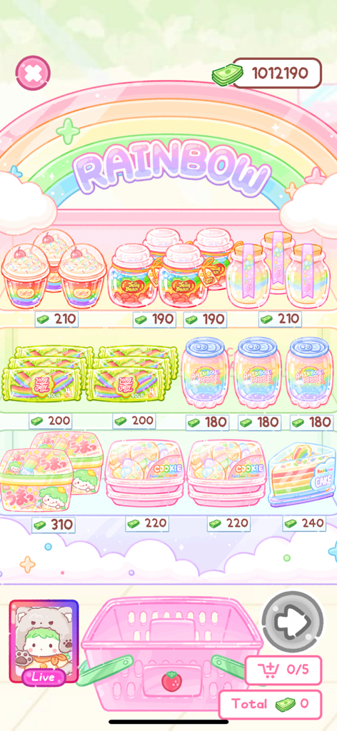 Rainbow snack shop interface with pink shopping basket