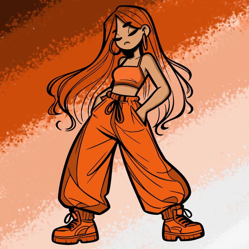 girl in baggy pants crop top and long hair