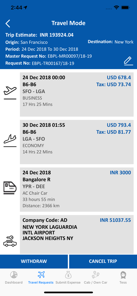 Tess360 app screen showing travel mode with trip itinerary for a flight from San Francisco to New York including costs and transportation details