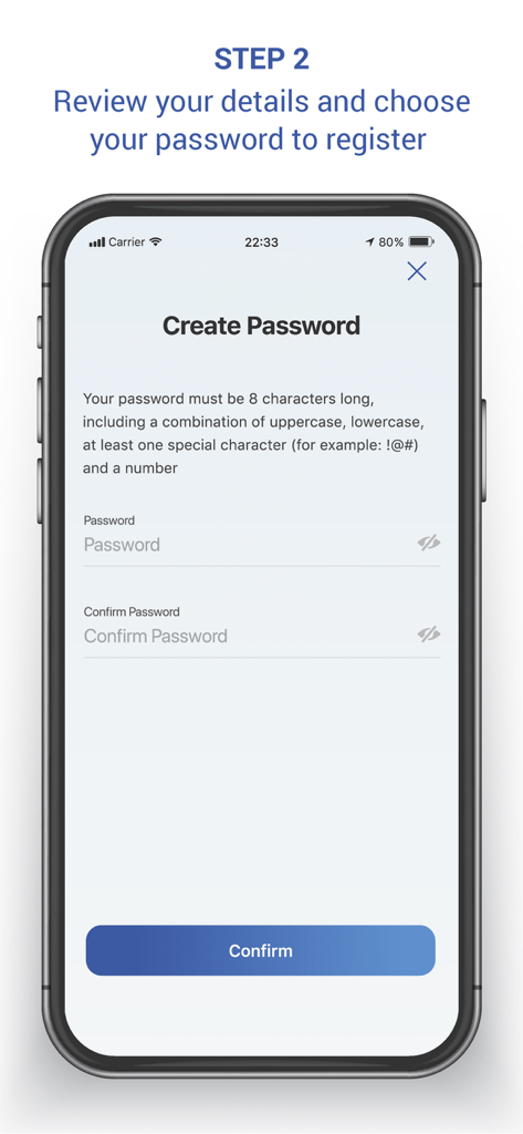 AECB CreditReport - Mobile app screen for creating a password during the AECB CreditReport registration process.